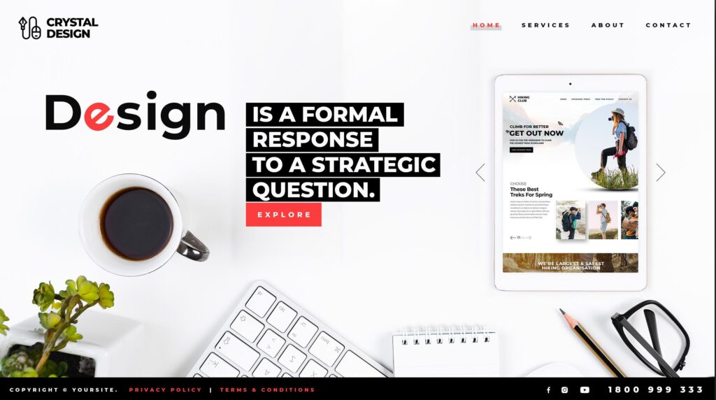 Minimalist landing page for a design agency showcasing a bold "Design" headline, a strategic quote, and clean desktop workspace elements.