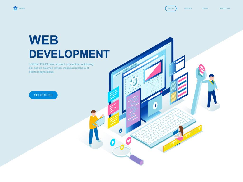 (Isometric illustration of web development with people building and designing a website interface.
