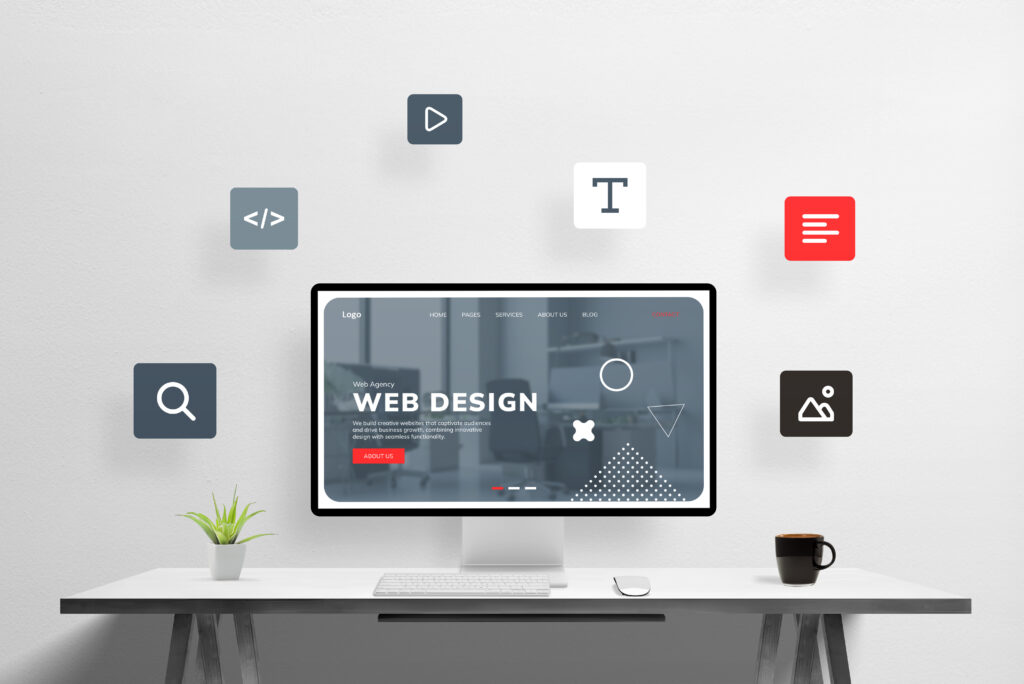 Computer screen displaying a web design interface with floating icons for media, text, search, and code.