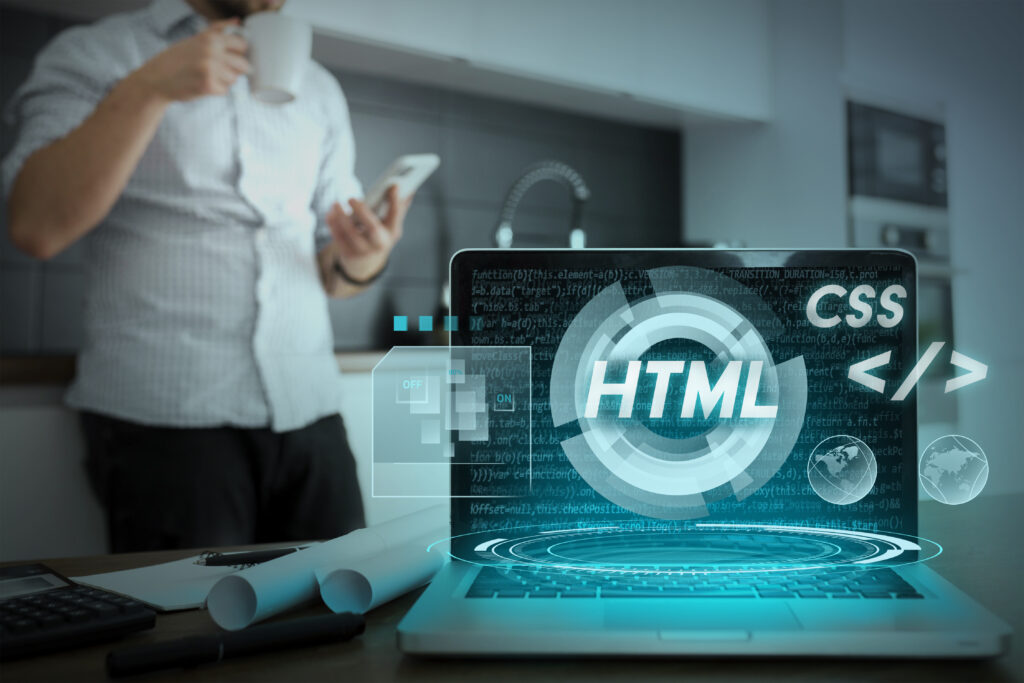 Futuristic web development illustration with coding icons and digital interface.