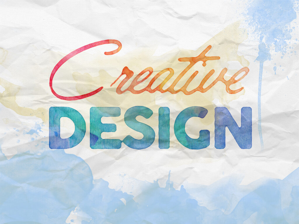 Watercolor-style text artwork displaying the words “Creative Design” on a textured paper background.