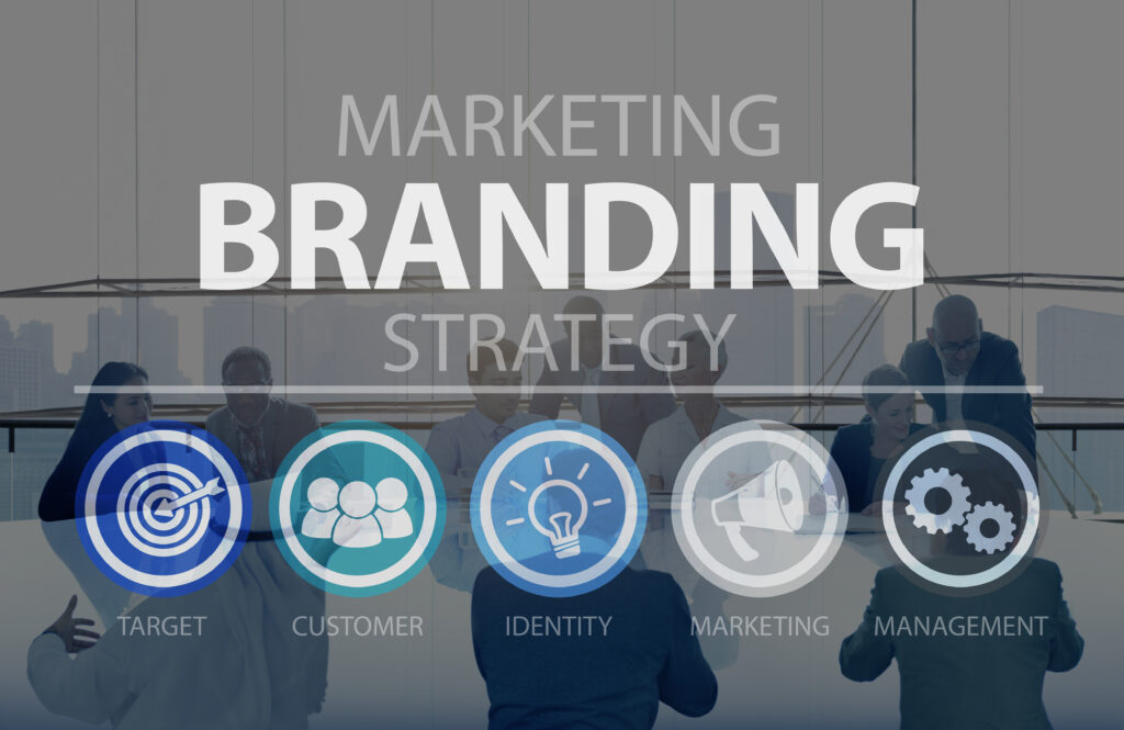 Business team discussing marketing and branding strategy with icons for target, customer, identity, marketing, and management.